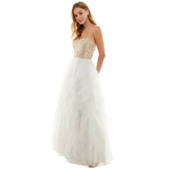 SAY YES TO THE PROM Juniors' Embellished Strapless Cascade Gown, evening dress 5 - Picture 6 of 16